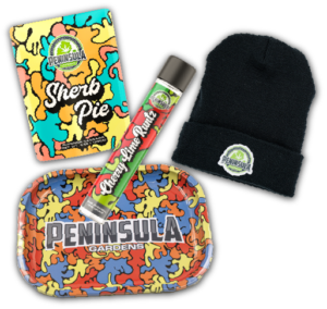 Peninsula Gardens Merch Prerolls Flower Eighths Rolling Tray Prizes 12 Days of Giveaways Winter Holiday Quality Roots Dispensary Provisioning Center Mix and Match Bulk